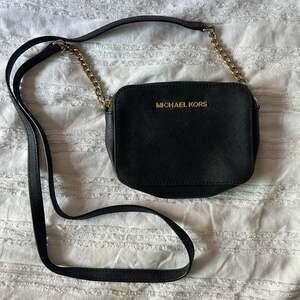 Michael Kors Black Leather Crossbody Bag Gold Chain Accent